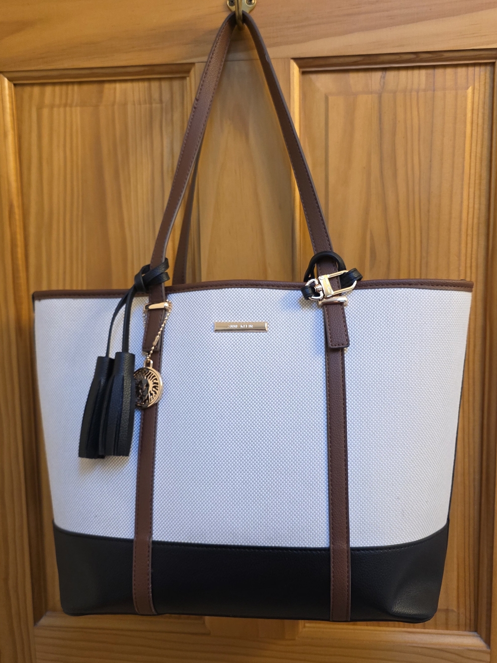 Anne Klein White Canvas Tote with Brown Trim and Black Base